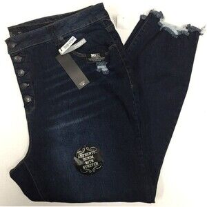 Stitch Star Women's Distressed Button Fly High Rise Skinny Dark Blue SIZE 22